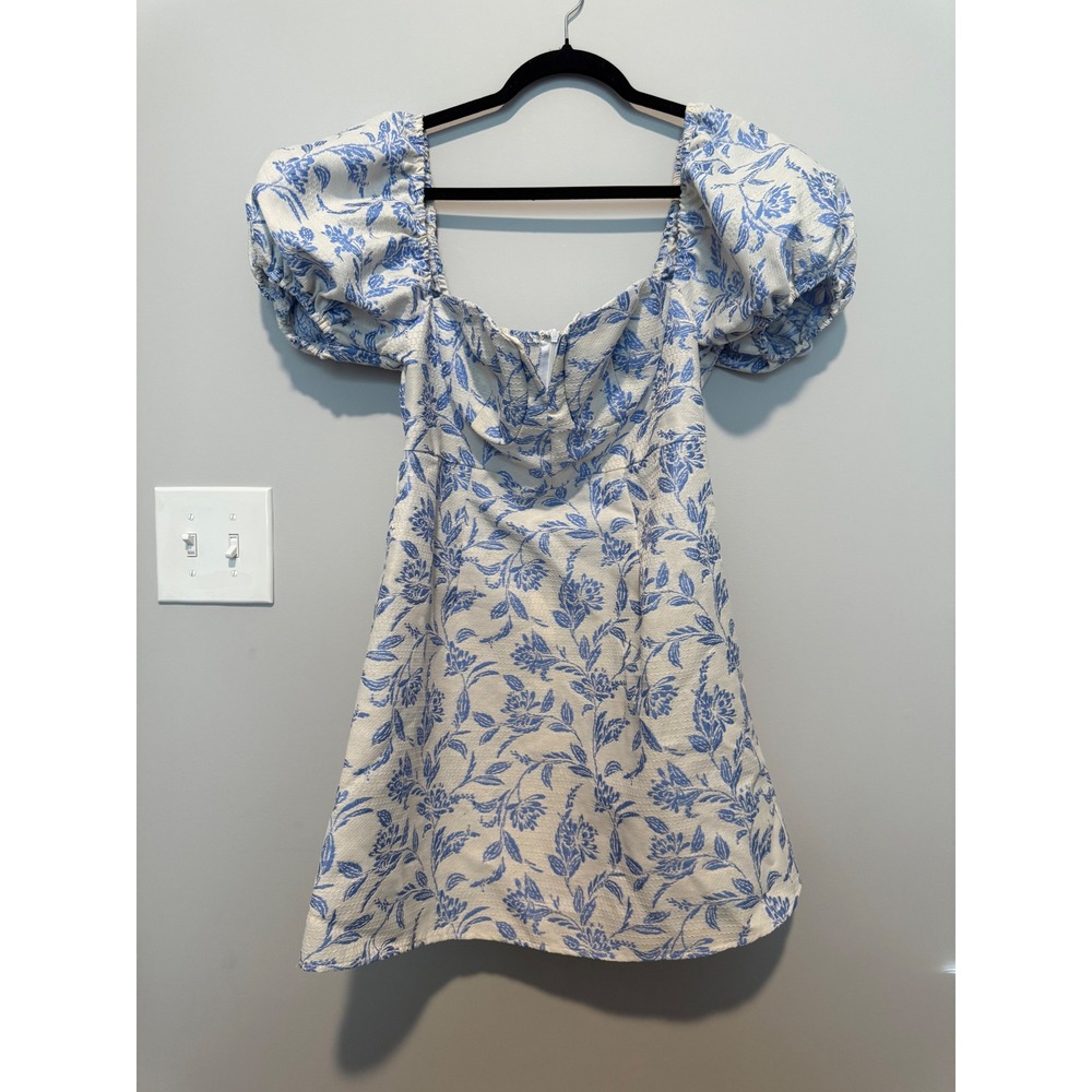 SHEIN MOD Blue White Floral Jacquard Puff Sleeve Mini Dress Large Cottagecore